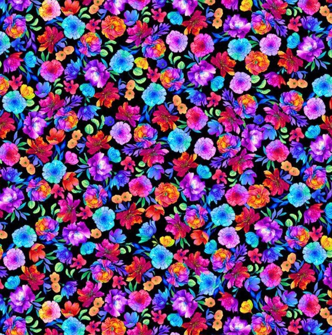 Petal Power by Timeless Treasures Small Packed Rainbow Flowers on Black ...