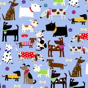 Various Dog Breeds on Light Blue Comfy Cotton FLANNEL Fabric by A. E. Nathan