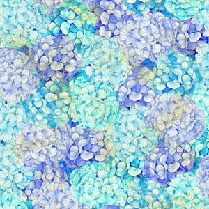 May include: A seamless pattern of watercolor hydrangea blooms in shades of blue, teal, and white with gold accents. The floral design features a dense arrangement of the flowers, creating a textured and visually rich surface.