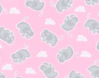 Gray Baby Elephants with White Clouds on Pink Cotton Comfy FLANNEL Fabric by A. E. Nathan