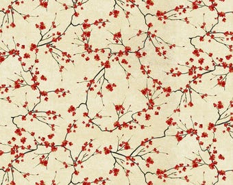 Timeless Treasures Lotus Garden Cherry Blossom Branches with Gold Metallic on Cream Cotton Quilt Fabric
