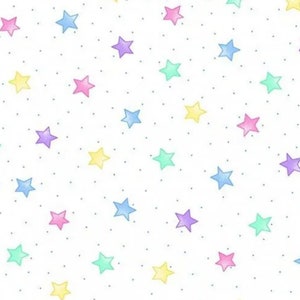 Pastel Rainbow Stars and Dots on White Cotton Comfy Flannel Fabric by A. E. Nathan
