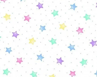 Pastel Rainbow Stars and Dots on White Cotton Comfy Flannel Fabric by A. E. Nathan