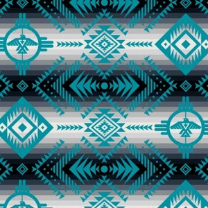 May include: A seamless pattern featuring a turquoise and black geometric design. The pattern includes a repeating motif of a stylized bird within a circle, along with various diamond and arrow shapes.