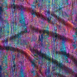 May include: A fabric featuring a vibrant, abstract pattern with vertical streaks and organic, circular shapes. The color palette includes deep shades of magenta, purple, teal, and blue, with subtle hints of yellow and orange throughout the design.