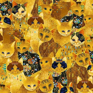 Cleo by Chong A Hwang for Timeless Treasures Gold and Black Bejeweled Cats Cotton Quilt Fabric