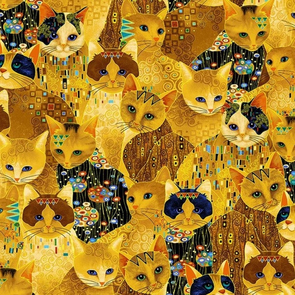 Cleo by Chong A Hwang for Timeless Treasures Gold and Black Bejeweled Cats Cotton Quilt Fabric