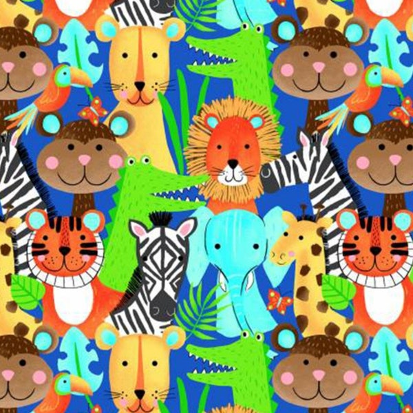 Comfy Packed Jungle Animals on Blue Cotton FLANNEL Fabric by A.E. Nathan