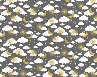 Stay Wild Moon Child Clouds, Suns, Moons, and Stars on Dark Gray Cotton FLANNEL Fabric by 3 Wishes
