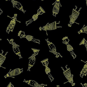 African Sunset by Chong A Hwang for Timeless Treasures Gold Metallic African Women on Black Cotton Quilt Fabric