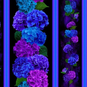 Timeless Treasures Midnight Bloom Blue and Purple Hydrangea Flowers Border Stripe Cotton Quilt Fabric