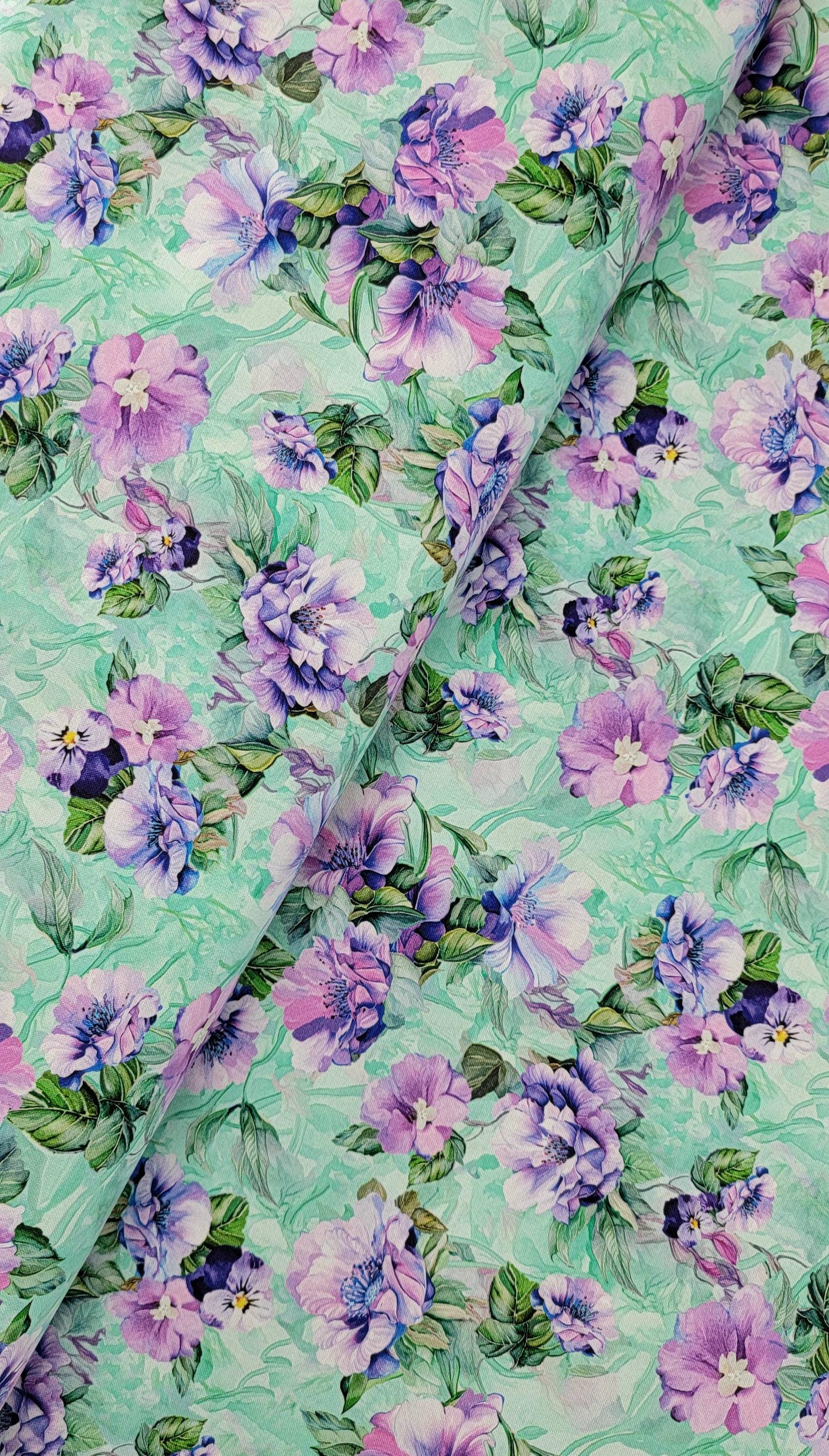 Timeless Treasures Garden Delight Purple Flower Bouquets on Sage Green ...