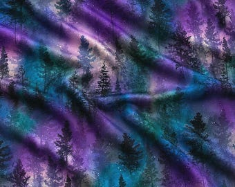 Timeless Treasures Aurora Fabric, Purple Blue Forest Trees Cotton Quilting Fabric, Northern Lights Woodland Nature Fabric by the Yard