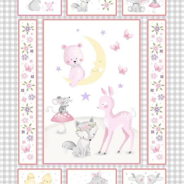 Wee Ones by Oasis Pastel Baby Forest Animals Cotton Quilt Fabric Panel 35" x 43"