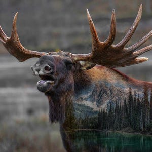 May include: A brown and tan moose with large antlers. The moose's fur is patterned with a landscape scene of mountains, trees, and a lake.