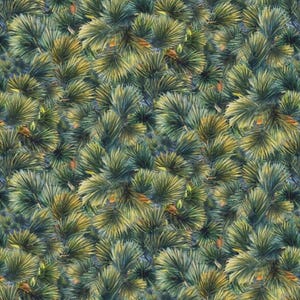 May include: A detailed pattern of evergreen pine needles in shades of green and yellow. The design features a dense arrangement of the needles, creating a textured and naturalistic appearance. The color palette includes various shades of green and yellow.