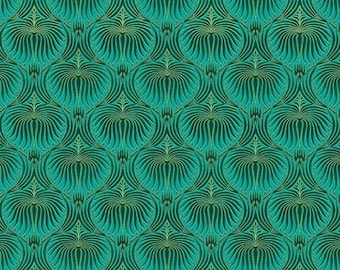 Empress by Chong A Hwang for Timeless Treasures Metallic Green Feather Wallpaper Cotton Quilt Fabric