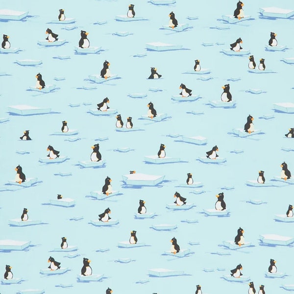 Susybee Burr the Polar Bear Penguins on Ice on Turquoise Cotton Quilt Fabric