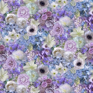Love Letter by Timeless Treasures Medium Lavender, Blue, and White Packed Fancy Florals Cotton Quilt Fabric