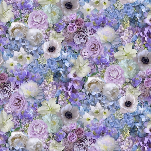 Love Letter by Timeless Treasures Medium Lavender, Blue, and White Packed Fancy Florals Cotton Quilt Fabric
