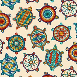 Elizabeth Studio Native Beaded Rainbow Turtles on Cream Tucson Cotton Quilt Fabric