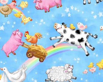 Wee Ones by Oasis Over the Rainbow Baby Farm Animals on Light Yellow Cotton Quilt Fabric