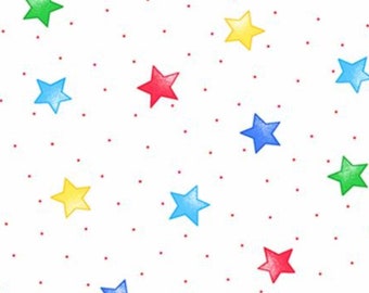 Bright Rainbow Stars and Dots on White Cotton Comfy Flannel Fabric by A. E. Nathan