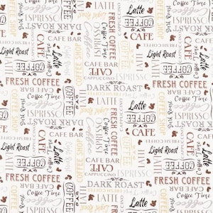 Coffee Connoisseur by Windham Latte Espresso Cafe Text on White Cotton Quilt Fabric