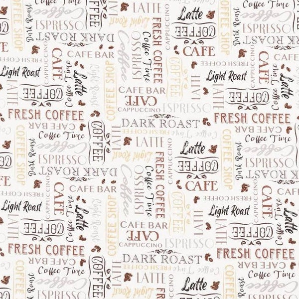 Coffee Connoisseur by Windham Latte Espresso Cafe Text on White Cotton Quilt Fabric