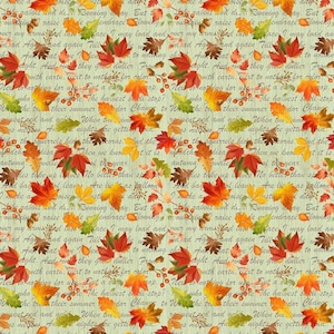 Timeless Treasures Gather with a Grateful Heart Fall Leaves on Green Script Cotton Quilt Fabric