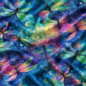 May include: A fabric pattern featuring multiple dragonflies with iridescent wings in shades of blue, green, purple, and orange. The dragonflies are scattered across a background of blended watercolor-style clouds in deep blue, violet, and teal.