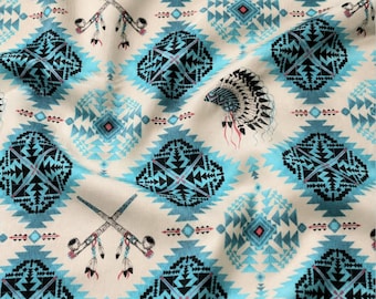 Elizabeth's Studio Native Spirit Southwestern Cotton Fabric by the Yard, Turquoise Aztec Print, Rustic Western Quilt Fabric, Desert Fabric