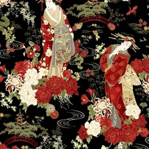 Kyoto Garden by Chong A Hwang for Timeless Beautiful Asian Geishas and Flowers with Gold Metallic Accents on Black Cotton Quilt Fabric