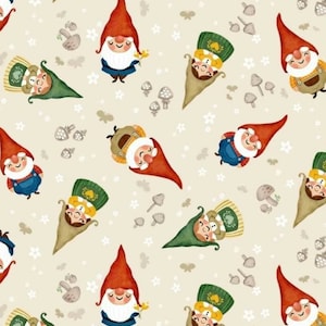 Michael Miller Cream Garden Gnome Sweet Gnome Cotton Sewing Quilt Fabric