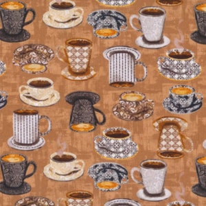 Coffee Connoisseur by Windham Multiple Coffee Latte Cups on Tan Cotton Quilt Fabric