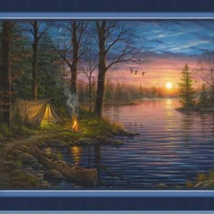 P&B Textiles Autumn Retreat Camping at the Lake Cotton Quilt Fabric Panel 24&quot; x 43&quot;