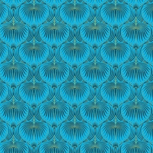 Empress by Chong A Hwang for Timeless Treasures Metallic Turquoise Feather Wallpaper Cotton Quilt Fabric