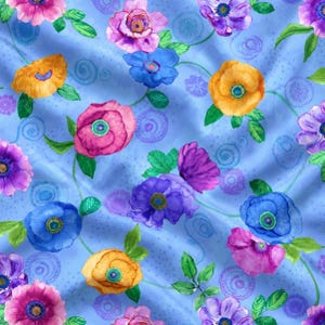 May include: A light blue fabric featuring a repeating floral pattern with vibrant poppies in shades of pink, purple, orange, and blue. The design includes green leaves and stems, accented by subtle, faint circular patterns on the background.