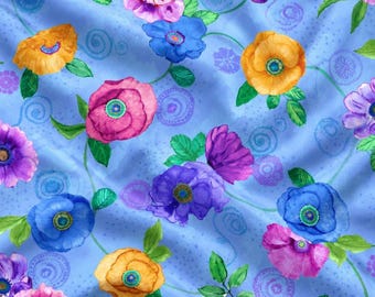 Timeless Treasures On the Brightside Floral Fabric, Watercolor Poppy Material, Colorful Garden 100% Cotton Quilting Fabric by the Yard