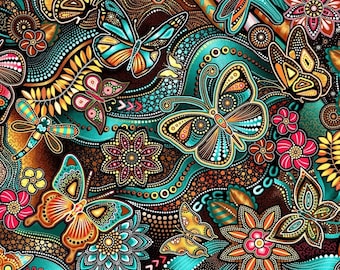 Pannotia by Oasis Fabrics Teal, Pink, and Yellow Floral Butterfly Cotton Quilt Fabric