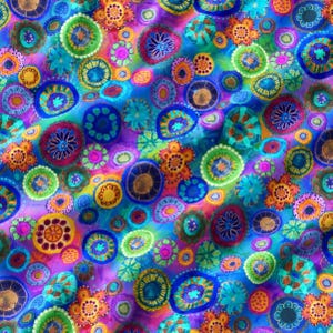 May include: A fabric featuring a vibrant, multicolored pattern of circular and floral shapes in shades of blue, purple, green, orange, and yellow. The design consists of various concentric rings and petal-like motifs scattered across the surface.