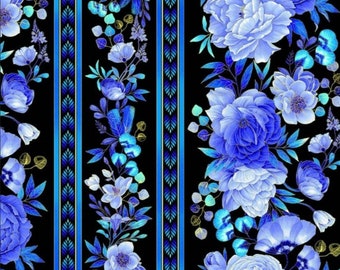 Royal Plume by Chong A Hwang for Timeless Treasures Blue Metallic Border Stripe Flowers on Black Cotton Quilt Fabric