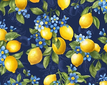 Limoncello by Timeless Treasures Yellow Lemon Bouquets on Blue Cotton Quilt Fabric