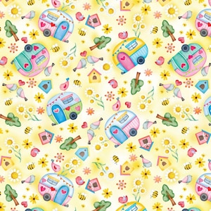 Benartex Sunshine Days by Nicole De Camp Summer Campers on Yellow Cotton Quilt Fabric