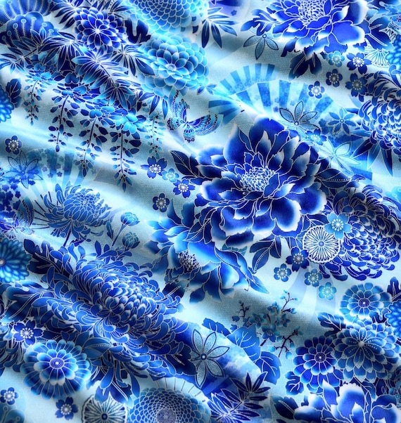 Oasis Fabrics Asian Garden Fabric, Blue Floral Japanese Fan Cotton
