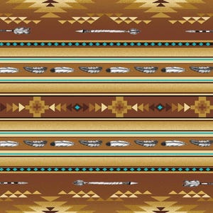 May include: A repeating pattern featuring Native American-inspired designs. The design includes alternating horizontal bands of brown, tan, and turquoise, with geometric shapes, feathers, and arrow-like elements. The color palette is earthy, with shades of brown, tan, and turquoise.