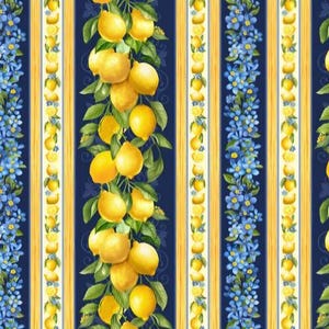 BOLT END 35 INCHES Limoncello by Timeless Treasures Yellow Lemons and Flowers Border Stripe Cotton Quilt Fabric