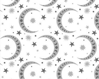 Stay Wild Moon Child Gray Moons and Stars on White Cotton FLANNEL Fabric by 3 Wishes