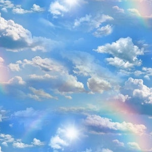 Elizabeth Studio Landscape Medley Blue Sky, Rainbows, and Clouds Cotton Quilt Fabric