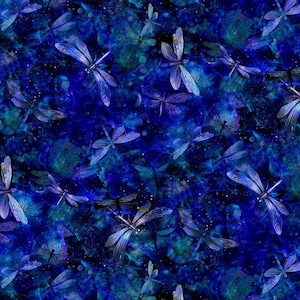 BOLT END 34 INCHES Dragonfly Illusion by Timeless Treasures Dark Blue Night Dragonfly Fantasy Cotton Quilt Fabric
